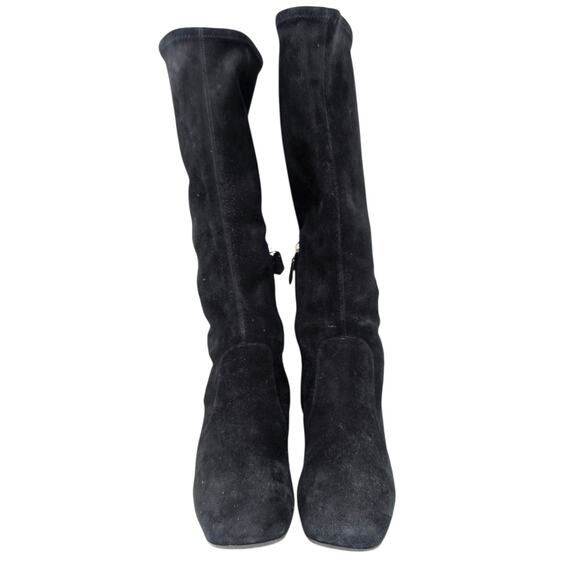 Prada Black Suede Knee High Stretch Boots Square Toe Flat Heel Women’s 37.5 - Picture 2 of 9